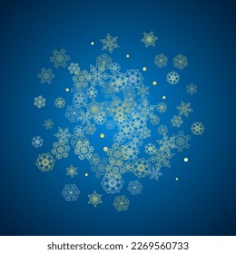 New Year frame with gold snowflakes on blue background. Winter window. Christmas and New Year frame for gift certificate, ads, banner, flyer, sales offers, event invitations. Glitter snow with sparkle