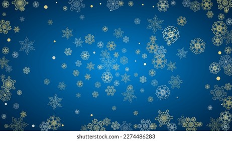 New Year frame with gold snowflakes on blue background. Horizontal  Christmas and New Year frame for gift certificate, ads, banner, flyer, sales offers, event invitations. Glitter snow with sparkle