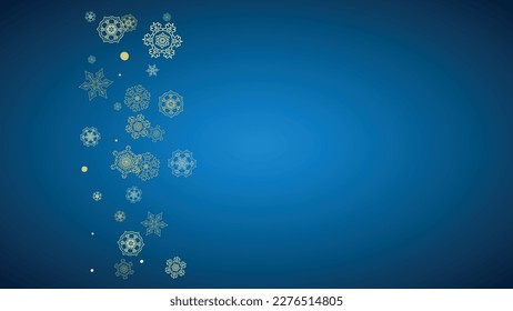 New Year frame with gold snowflakes on blue background. Horizontal  Christmas and New Year frame for gift certificate, ads, banner, flyer, sales offers, event invitations. Glitter snow with sparkle