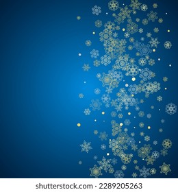 Neujahrsrahmen mit goldenen Schneeflocken auf blauem Hintergrund. Winterfenster. Weihnachts- und Neujahrsrahmen für Geschenkgutscheine, Anzeigen, Banner, Flyer, Verkaufsangebote, Veranstaltungseinladungen. Glitzerschnee mit Funkeln