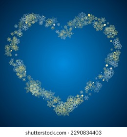 New Year frame with gold snowflakes on blue background. Winter window. Christmas and New Year frame for gift certificate, ads, banner, flyer, sales offers, event invitations. Glitter snow with sparkle