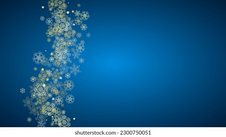 New Year frame with gold snowflakes on blue background. Horizontal  Christmas and New Year frame for gift certificate, ads, banner, flyer, sales offers, event invitations. Glitter snow with sparkle
