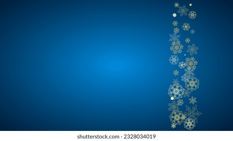 New Year frame with gold snowflakes on blue background. Horizontal  Christmas and New Year frame for gift certificate, ads, banner, flyer, sales offers, event invitations. Glitter snow with sparkle
