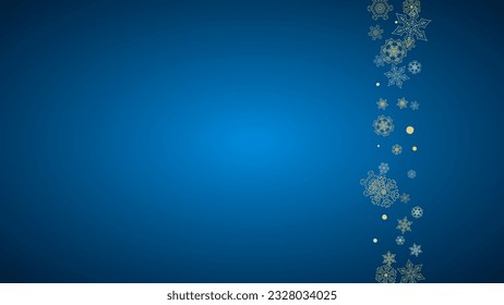 New Year frame with gold snowflakes on blue background. Horizontal  Christmas and New Year frame for gift certificate, ads, banner, flyer, sales offers, event invitations. Glitter snow with sparkle