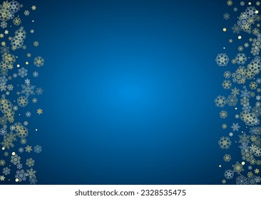 New Year frame with gold snowflakes on blue background. Horizontal Christmas and New Year frame for gift certificate, ads, banner, flyer, sales offers, event invitations. Glitter snow with sparkle