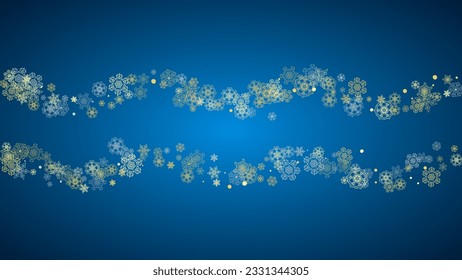 New Year frame with gold snowflakes on blue background. Horizontal  Christmas and New Year frame for gift certificate, ads, banner, flyer, sales offers, event invitations. Glitter snow with sparkle