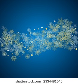 Neujahrsrahmen mit goldenen Schneeflocken auf blauem Hintergrund. Winterfenster. Weihnachts- und Neujahrsrahmen für Geschenkgutscheine, Anzeigen, Banner, Flyer, Verkaufsangebote, Veranstaltungseinladungen. Glitzerschnee mit Funkeln