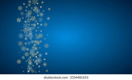 New Year frame with gold snowflakes on blue background. Horizontal  Christmas and New Year frame for gift certificate, ads, banner, flyer, sales offers, event invitations. Glitter snow with sparkle