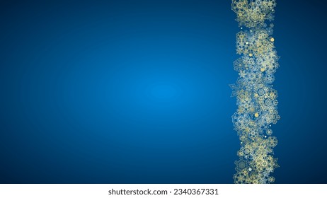New Year frame with gold snowflakes on blue background. Horizontal  Christmas and New Year frame for gift certificate, ads, banner, flyer, sales offers, event invitations. Glitter snow with sparkle