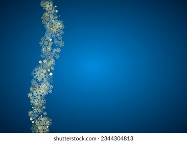 New Year frame with gold snowflakes on blue background. Horizontal Christmas and New Year frame for gift certificate, ads, banner, flyer, sales offers, event invitations. Glitter snow with sparkle