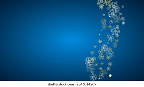 New Year frame with gold snowflakes on blue background. Horizontal  Christmas and New Year frame for gift certificate, ads, banner, flyer, sales offers, event invitations. Glitter snow with sparkle