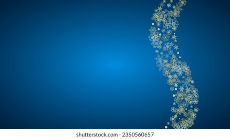 New Year frame with gold snowflakes on blue background. Horizontal  Christmas and New Year frame for gift certificate, ads, banner, flyer, sales offers, event invitations. Glitter snow with sparkle
