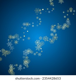 New Year frame with gold snowflakes on blue background. Winter window. Christmas and New Year frame for gift certificate, ads, banner, flyer, sales offers, event invitations. Glitter snow with sparkle