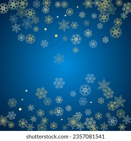 New Year frame with gold snowflakes on blue background. Winter window. Christmas and New Year frame for gift certificate, ads, banner, flyer, sales offers, event invitations. Glitter snow with sparkle