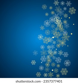 New Year frame with gold snowflakes on blue background. Winter window. Christmas and New Year frame for gift certificate, ads, banner, flyer, sales offers, event invitations. Glitter snow with sparkle