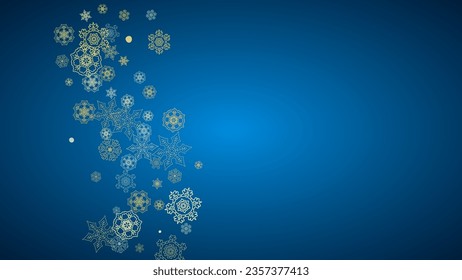 New Year frame with gold snowflakes on blue background. Horizontal  Christmas and New Year frame for gift certificate, ads, banner, flyer, sales offers, event invitations. Glitter snow with sparkle