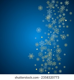 New Year frame with gold snowflakes on blue background. Winter window. Christmas and New Year frame for gift certificate, ads, banner, flyer, sales offers, event invitations. Glitter snow with sparkle