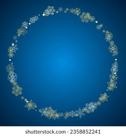 New Year frame with gold snowflakes on blue background. Winter window. Christmas and New Year frame for gift certificate, ads, banner, flyer, sales offers, event invitations. Glitter snow with sparkle