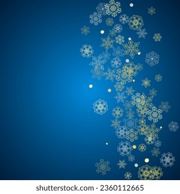 New Year frame with gold snowflakes on blue background. Winter window. Christmas and New Year frame for gift certificate, ads, banner, flyer, sales offers, event invitations. Glitter snow with sparkle