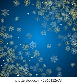 New Year frame with gold snowflakes on blue background. Winter window. Christmas and New Year frame for gift certificate, ads, banner, flyer, sales offers, event invitations. Glitter snow with sparkle