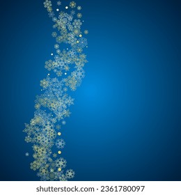 New Year frame with gold snowflakes on blue background. Winter window. Christmas and New Year frame for gift certificate, ads, banner, flyer, sales offers, event invitations. Glitter snow with sparkle
