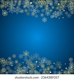 New Year frame with gold snowflakes on blue background. Winter window. Christmas and New Year frame for gift certificate, ads, banner, flyer, sales offers, event invitations. Glitter snow with sparkle