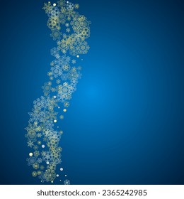 New Year frame with gold snowflakes on blue background. Winter window. Christmas and New Year frame for gift certificate, ads, banner, flyer, sales offers, event invitations. Glitter snow with sparkle