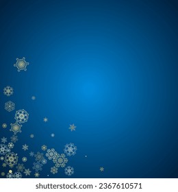 New Year frame with gold snowflakes on blue background. Winter window. Christmas and New Year frame for gift certificate, ads, banner, flyer, sales offers, event invitations. Glitter snow with sparkle
