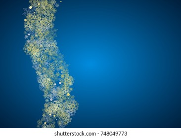 New Year frame with gold snowflakes on blue background. Horizontal Christmas and New Year frame for gift certificate, ads, banner, flyer, sales offers, event invitations. Glitter snow with sparkle