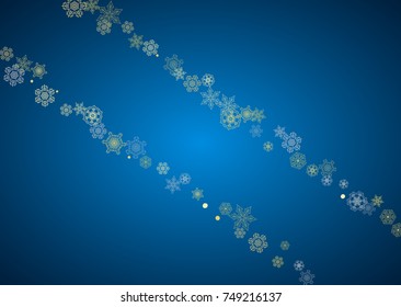 New Year frame with gold snowflakes on blue background. Horizontal Christmas and New Year frame for gift certificate, ads, banner, flyer, sales offers, event invitations. Glitter snow with sparkle