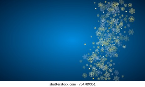New Year frame with gold snowflakes on blue background. Horizontal  Christmas and New Year frame for gift certificate, ads, banner, flyer, sales offers, event invitations. Glitter snow with sparkle