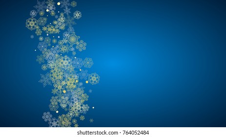 New Year frame with gold snowflakes on blue background. Horizontal  Christmas and New Year frame for gift certificate, ads, banner, flyer, sales offers, event invitations. Glitter snow with sparkle