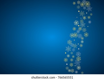 New Year frame with gold snowflakes on blue background. Horizontal Christmas and New Year frame for gift certificate, ads, banner, flyer, sales offers, event invitations. Glitter snow with sparkle