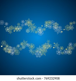 New Year frame with gold snowflakes on blue background. Winter window. Christmas and New Year frame for gift certificate, ads, banner, flyer, sales offers, event invitations. Glitter snow with sparkle