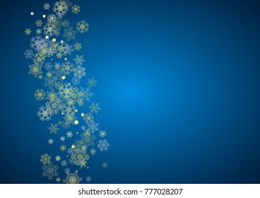 New Year frame with gold snowflakes on blue background. Horizontal Christmas and New Year frame for gift certificate, ads, banner, flyer, sales offers, event invitations. Glitter snow with sparkle