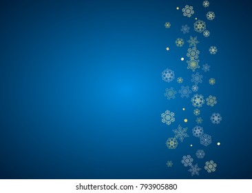 New Year frame with gold snowflakes on blue background. Horizontal Christmas and New Year frame for gift certificate, ads, banner, flyer, sales offers, event invitations. Glitter snow with sparkle