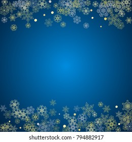 New Year frame with gold snowflakes on blue background. Winter window. Christmas and New Year frame for gift certificate, ads, banner, flyer, sales offers, event invitations. Glitter snow with sparkle