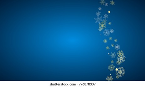 New Year frame with gold snowflakes on blue background. Horizontal  Christmas and New Year frame for gift certificate, ads, banner, flyer, sales offers, event invitations. Glitter snow with sparkle