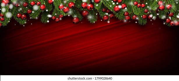 New year frame with green spruce branches, red berries and show. Dark red brush strokes background. Vector holiday illustration.
