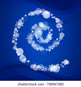 New Year frame on blue background. Winter window. Christmas and New Year frame with falling snow. For season sales, special offers, banners, cards, party invites, flyers. White frosty snowflakes.