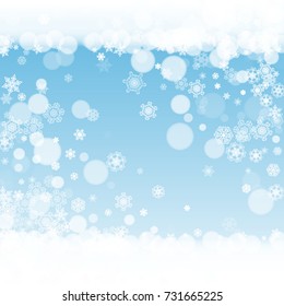 New Year frame on blue background. Winter window. Christmas and New Year frame with falling snow. For season sales, special offers, banners, cards, party invites, flyers. White frosty snowflakes.