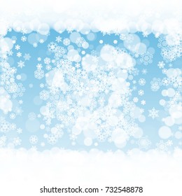 New Year frame on blue background. Winter window. Christmas and New Year frame with falling snow. For season sales, special offers, banners, cards, party invites, flyers. White frosty snowflakes.