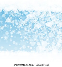 New Year frame on blue background. Winter window. Christmas and New Year frame with falling snow. For season sales, special offers, banners, cards, party invites, flyers. White frosty snowflakes.