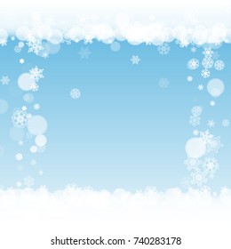 New Year frame on blue background. Winter window. Christmas and New Year frame with falling snow. For season sales, special offers, banners, cards, party invites, flyers. White frosty snowflakes.