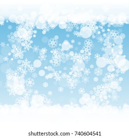 New Year frame on blue background. Winter window. Christmas and New Year frame with falling snow. For season sales, special offers, banners, cards, party invites, flyers. White frosty snowflakes.