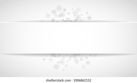 New Year frame with silver snowflakes on white paper background. Horizontal Christmas and New Year frame for gift certificate, ad, banner, flyer, sale offer, event invitation. Glitter snow and sparkle