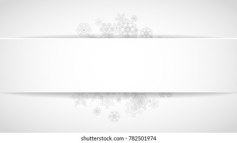 New Year frame with silver snowflakes on white paper background. Horizontal Christmas and New Year frame for gift certificate, ad, banner, flyer, sale offer, event invitation. Glitter snow and sparkle