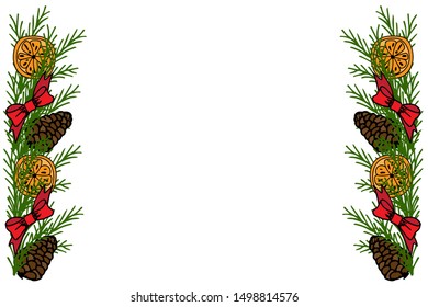 New Year, frame with space for text. A branch of spruce with a pine cone and red berries, hand-drawn. Congratulatory design vector illustration. Copy space.