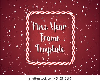 New Year Frame Template in White and Red Colors. Candy christmas frame With Shadow on Snow Falling background. Vector Illustration. Concept design. Colorful attract attention graphic.