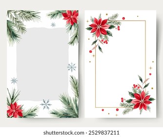 New year frames. Watercolor blank christmas cards with plants, flowers and snowflakes. Fir branches, berries. 